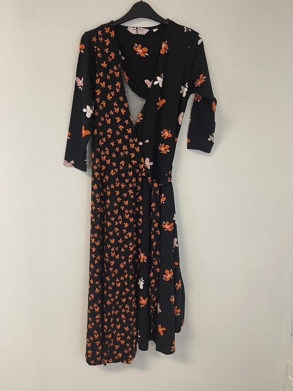 Dorothy Perkins Wrap Dress 16 Maternity Floral Stretch Viscose Maxi Black N4